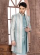 Light Sea Green Jacket Style Indowestern Set With Embroidery